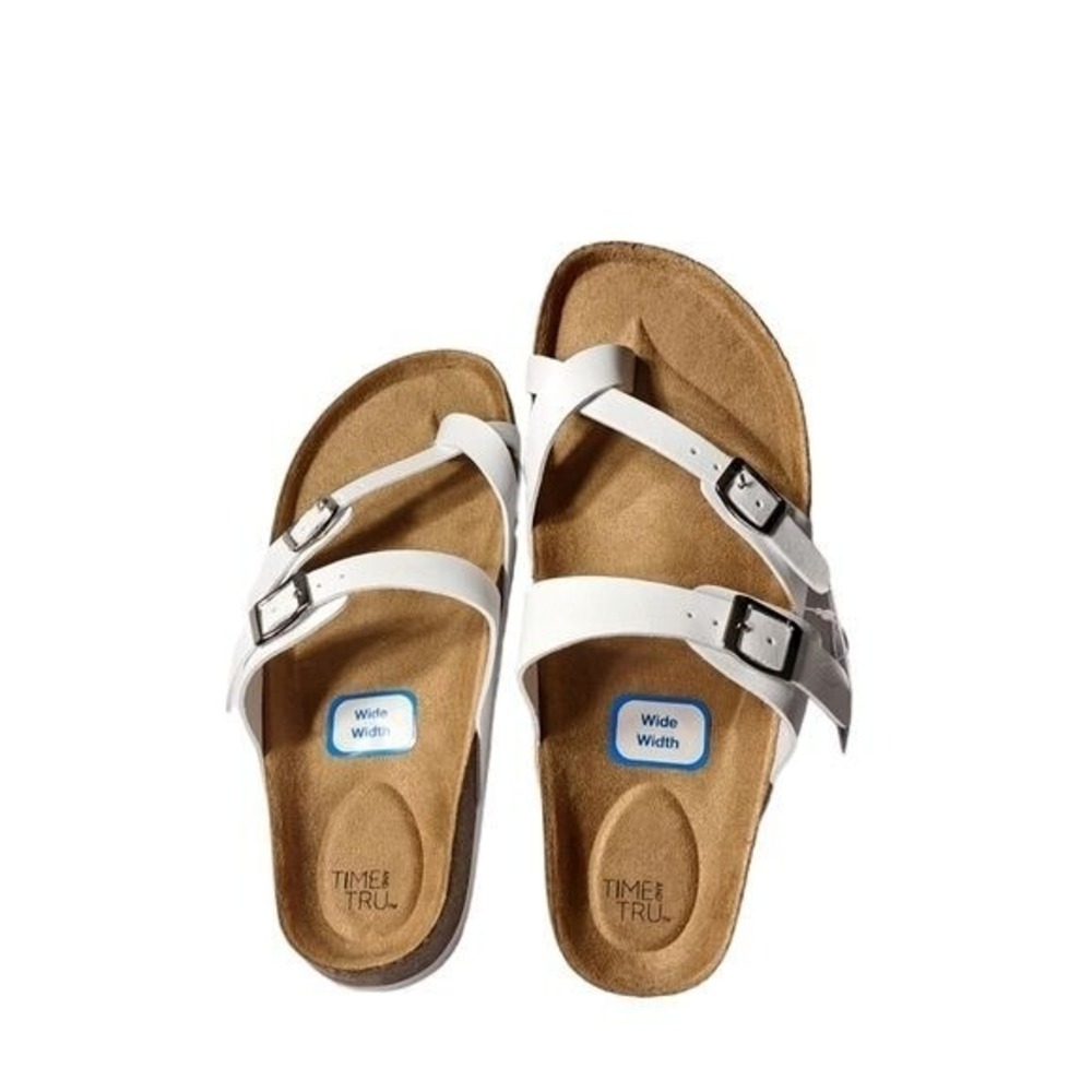 Time and Tru White‎ Sandals Women's 8 Wide Width Cork Footbed Buckle Comfort